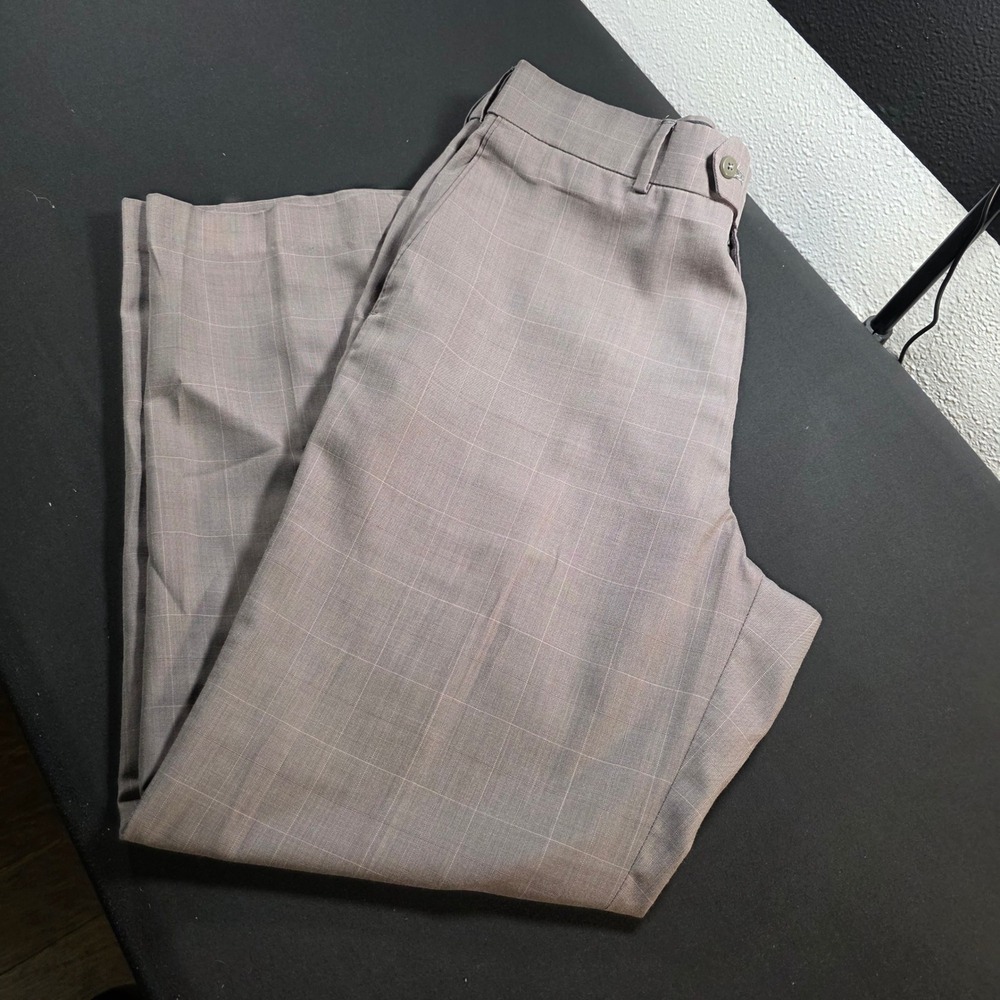 Stafford Essentials Mens Classic Fit‎ Windowpane Plaid Dress Pants Tan 36x32 *
